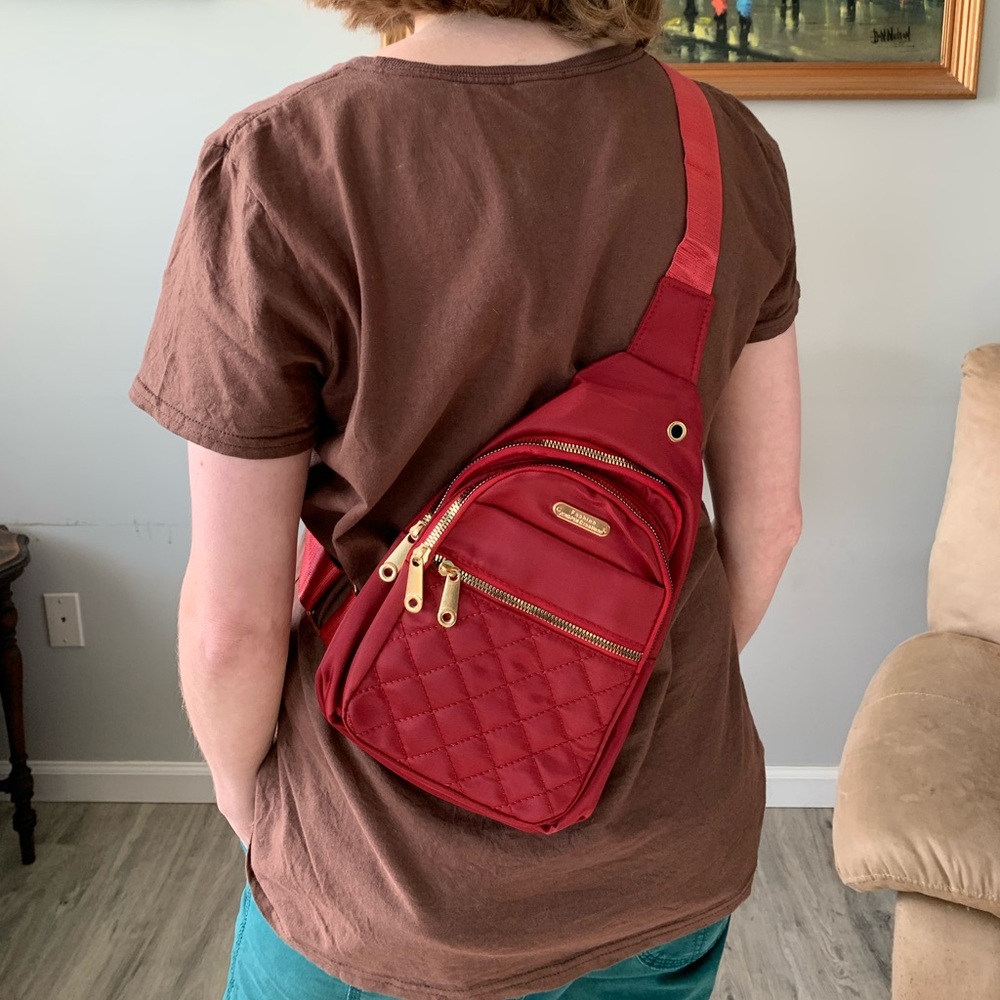 Quilted Red Crossbody Sling Bag with Earbud Access